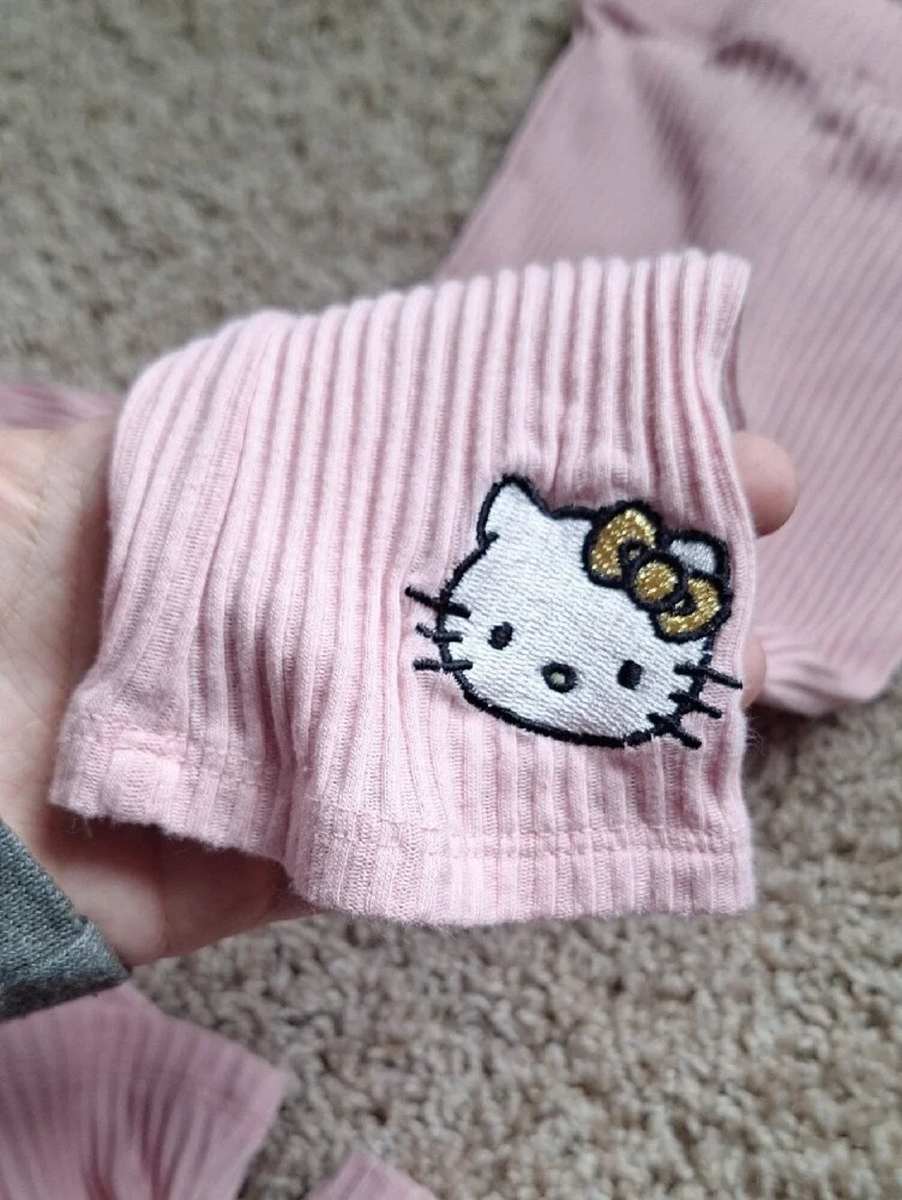 Hello Kitty Pink Ribbed Top and Pants Set with Gold Glitter Accents